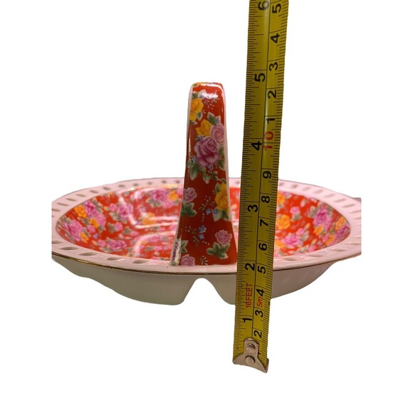 Jay & Sons Ceramic Basket Divided  w/ Handle Red White Floral Gold Rim - Picture 7 of 15